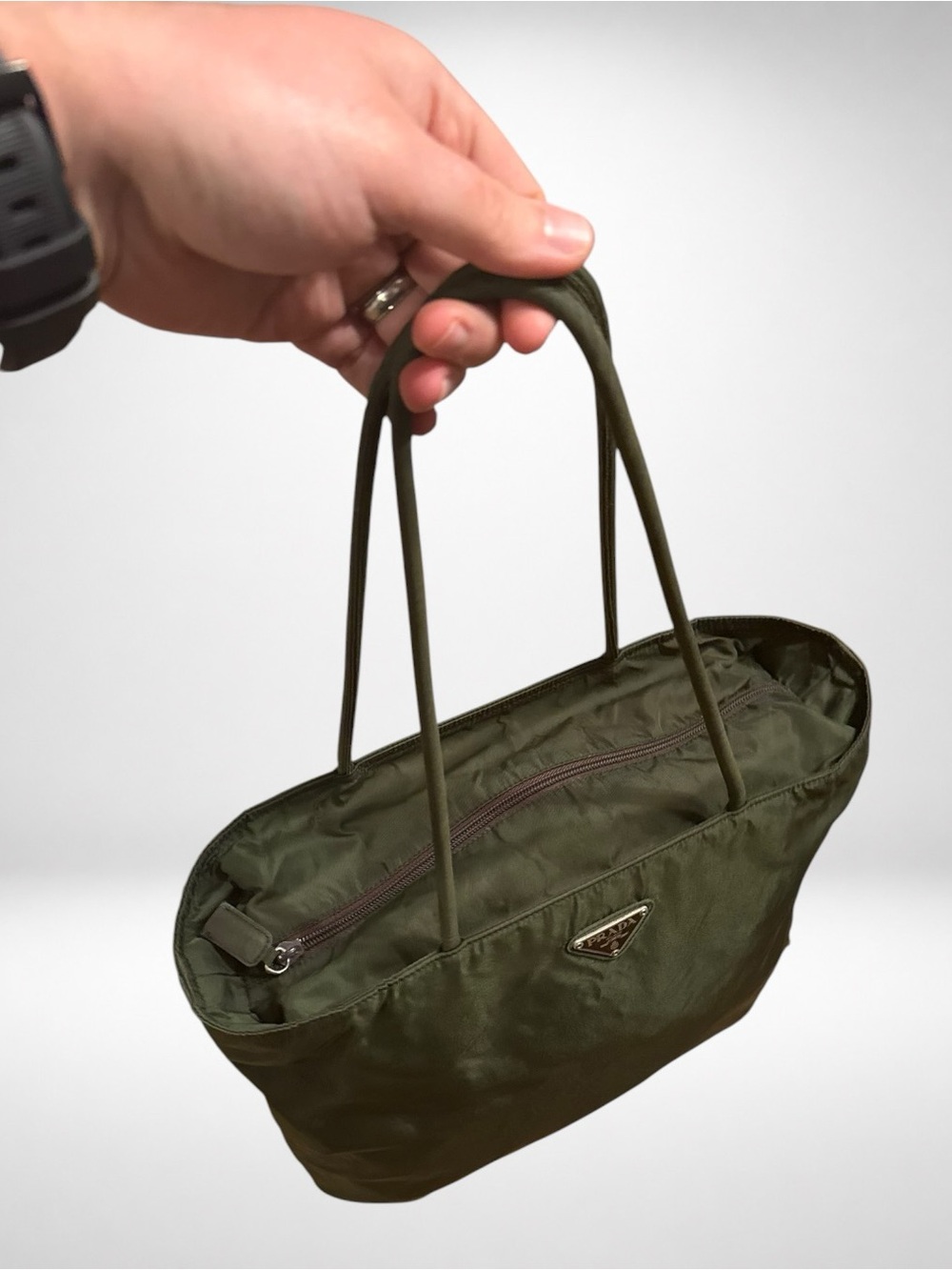PRADA Authentic Vintage Tessuto Nylon Olive Green Large Tote Shoulder Bag Y2K - Picture 10 of 15